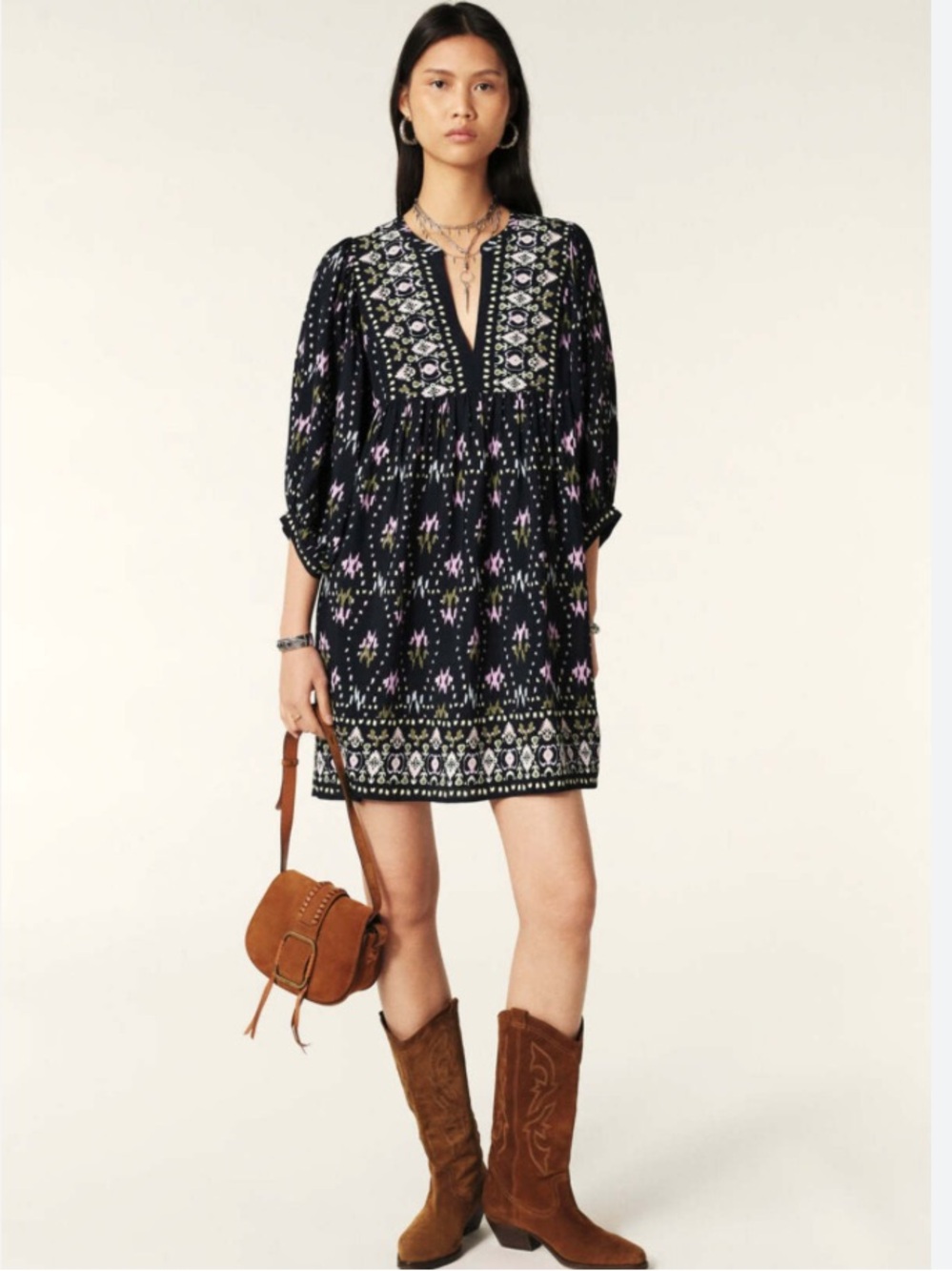 ba&sh Mini Dress with Pink & Cream Folk Embroidery